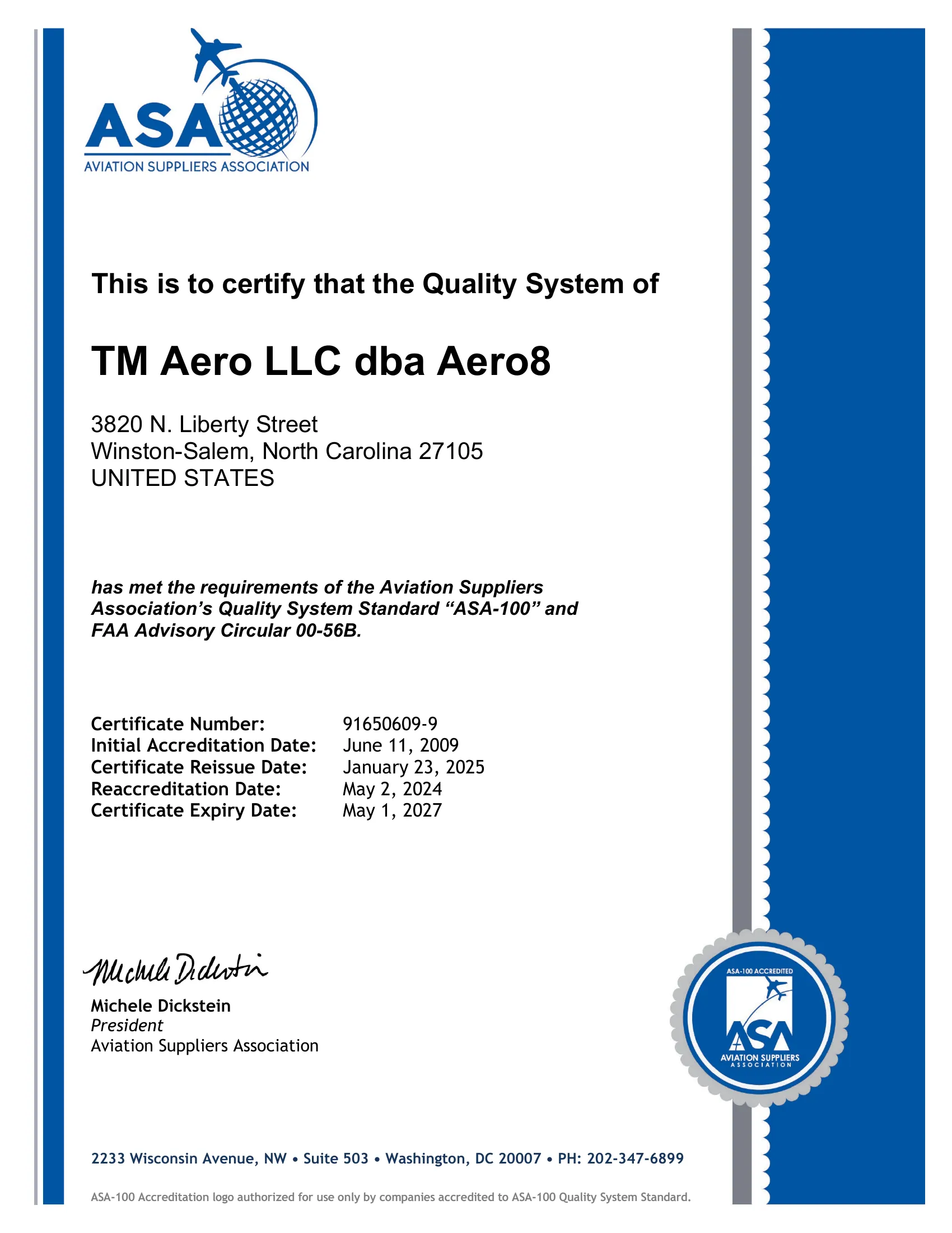ASA-100 Certificate — TM Aero LLC dba Aero8
